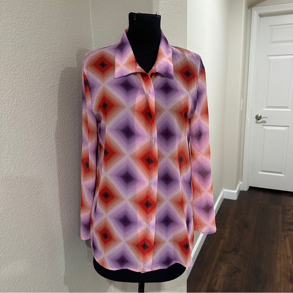 Geometric Print Long-Sleeve Blouse - Purple & Coral
